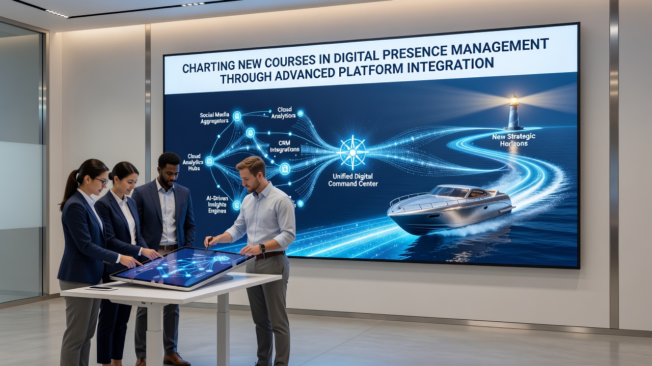 Dashboard interface displaying integrated analytics from multiple digital channels with synchronized metrics and automated reporting features