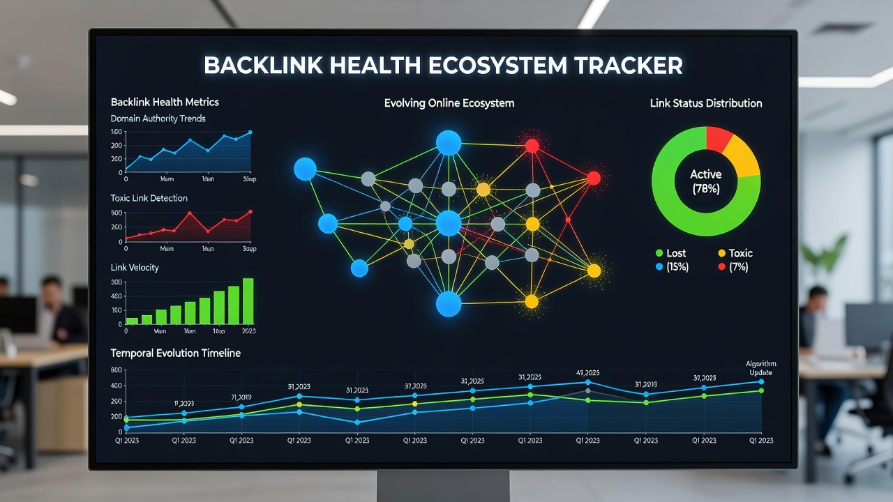 Network graph mapping backlink relationships and health scores within a competitive online niche